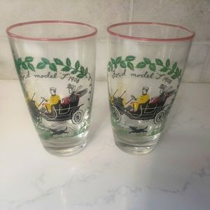 2 Libbey Ford model T bar drinking glasses vintage 1950s